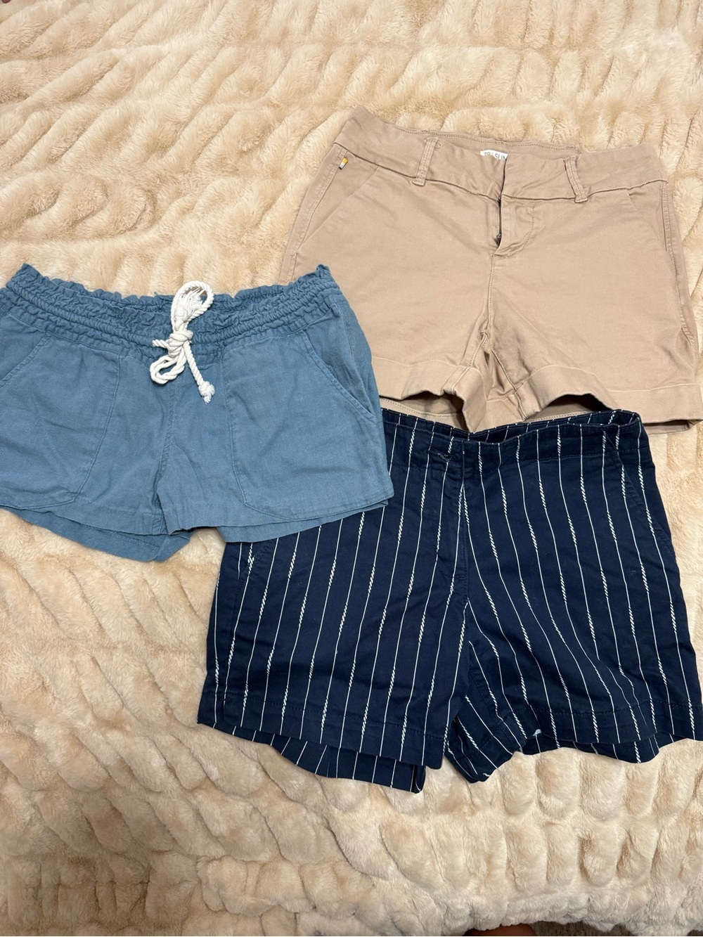 Multiples Women's Shorts Trio - Blue, Tan, Navy Pinstripe